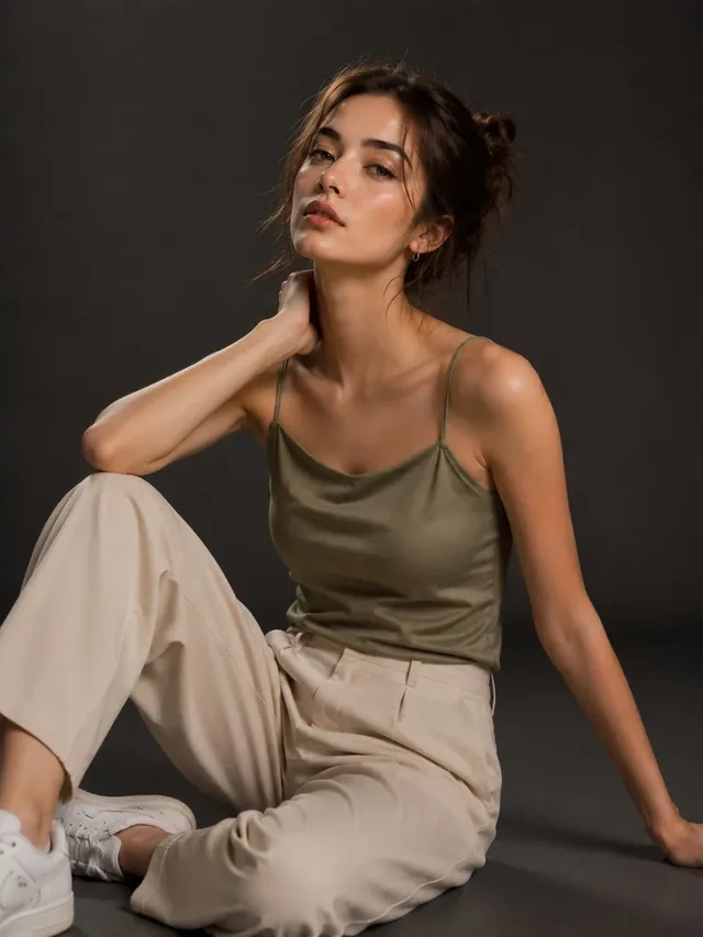 Ultra-photorealistic editorial fashion portrait of a European woman seated in a minimalist studio, wearing an olive satin camisole and cream trousers, with soft low-key lighting.