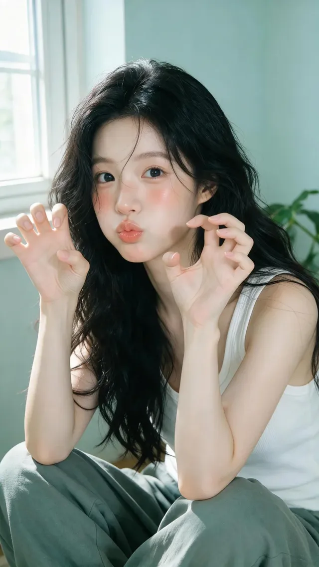 Photorealistic close-up indoor portrait of a young East Asian woman with long fluffy black wavy hair, doll-like face, and large dark eyes, looking directly at the camera with a playful pout.