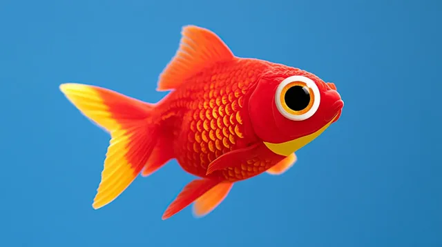 Extreme close-up of a goldfish's eye, revealing detailed, shimmering scales in vibrant red, orange, yellow, and gold colors against a clear aquarium background.