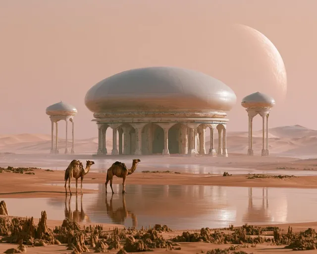 A desert landscape with a shimmering heat mirage effect distorting the view.