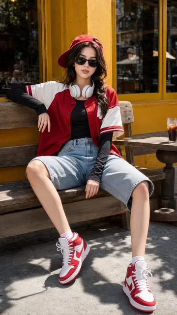 Full-body portrait of a young woman in a red and white jersey and denim shorts, sitting on a wooden bench outside a yellow cafe, wearing sunglasses and headphones around her neck.