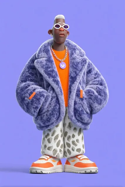 A stylized 3D character wearing a purple furry coat, orange sweater, patterned pants, and sneakers, against a purple background.