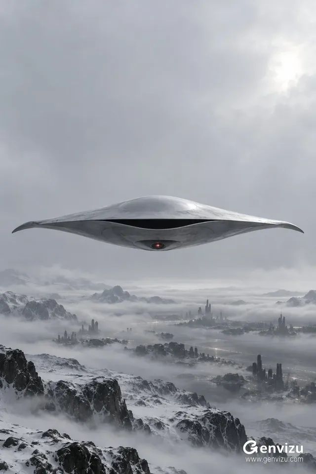 A minimalist, silver-white, diamond-shaped airship with a smooth ceramic cockpit floats horizontally in a vast, hazy grey sky, positioned above a stark, frosted landscape and faint city lights.
