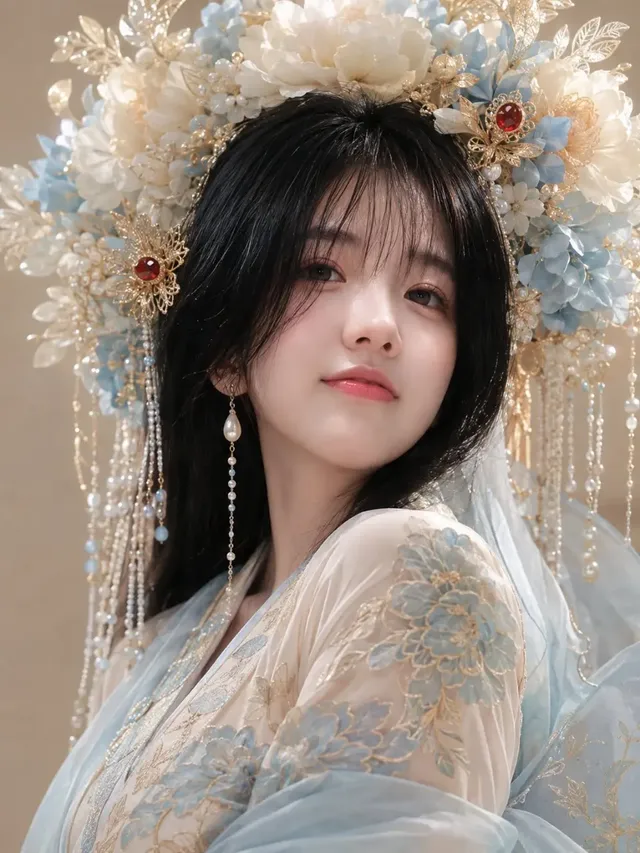 Close-up portrait of an East Asian woman in traditional Hanfu, wearing a large white and ice blue peony crown with gold accents and pearls, looking back gently. Soft, diffused lighting highlights her translucent skin and the delicate details of her attire.