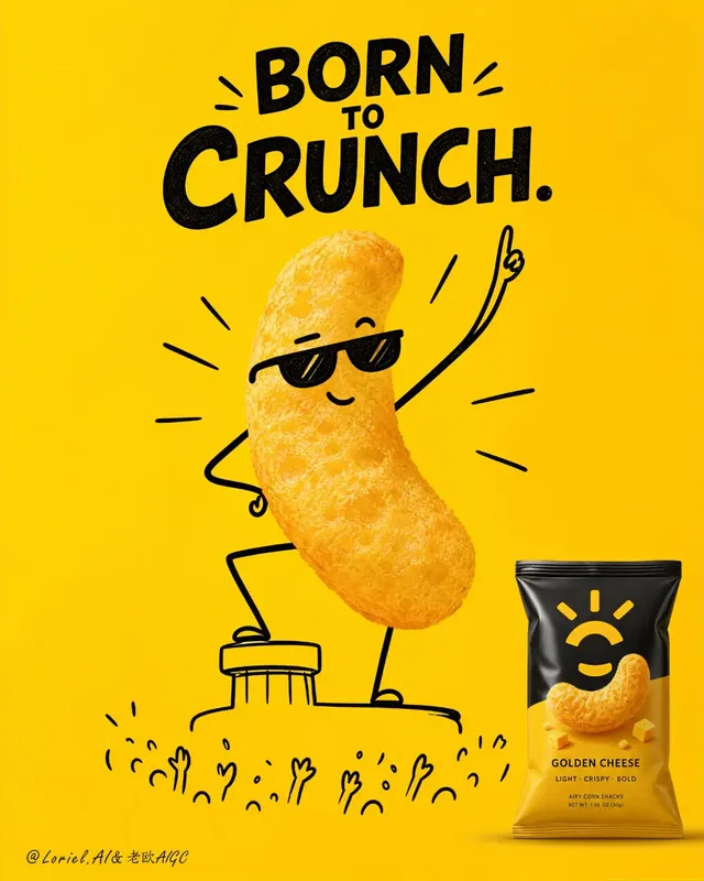 A photorealistic crunchy snack is spotlighted on an illustrated stage, surrounded by a semi-circle of cheering hand-drawn figures. The product bag is in the lower-right corner, all on a bold saturated background.