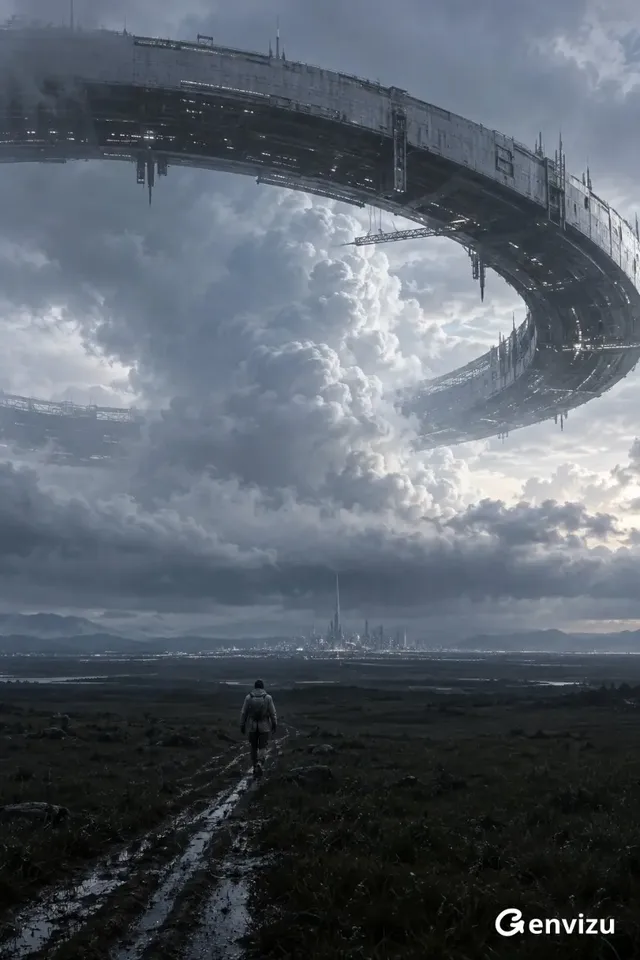 A vast, dark grassland stretches towards a distant, tiny city under a massive, grey-blue mechanical ring in the sky. A single, small human figure walks away from the viewer on a muddy path.