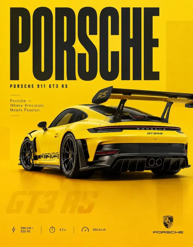 A high-resolution social media poster featuring the yellow Porsche 911 GT3 RS against a gradient background, highlighting its rear 3/4 view and dominant wing.