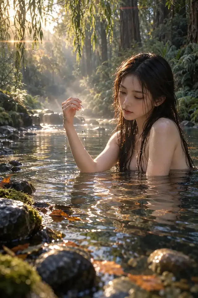 A young adult East Asian woman with wet hair sitting in a secluded primordial river, releasing water droplets into the air during golden hour.