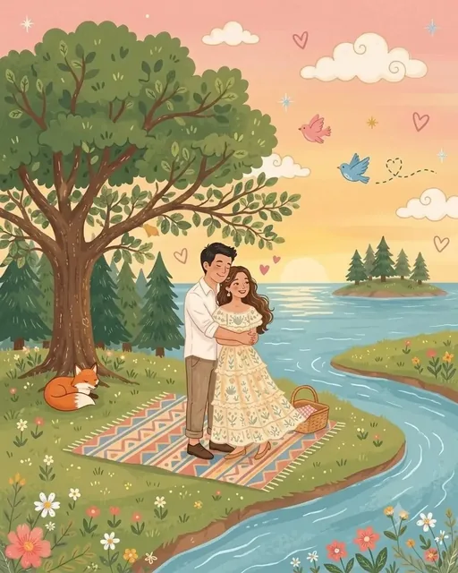A whimsical folk flat illustration with doodle elements, showing simplified characters and a cozy urban background.