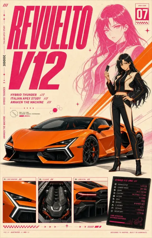 Four automotive posters showcasing a reusable JSON structure for easy customization of cars, characters, colors, and specs.