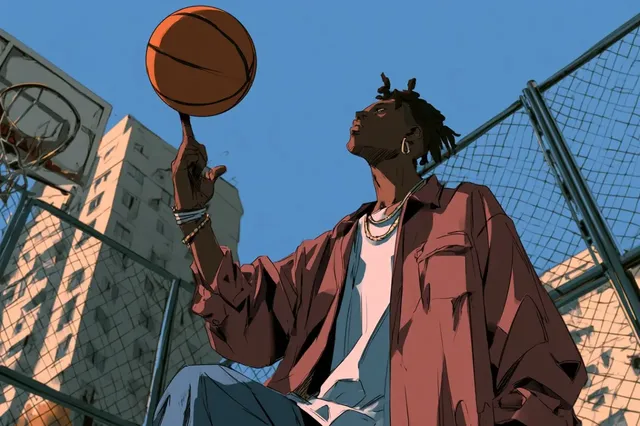 A lone figure stands on a modern urban street, viewed from a low angle looking upwards, in a crisp anime art style with bold colors and sharp silhouettes.