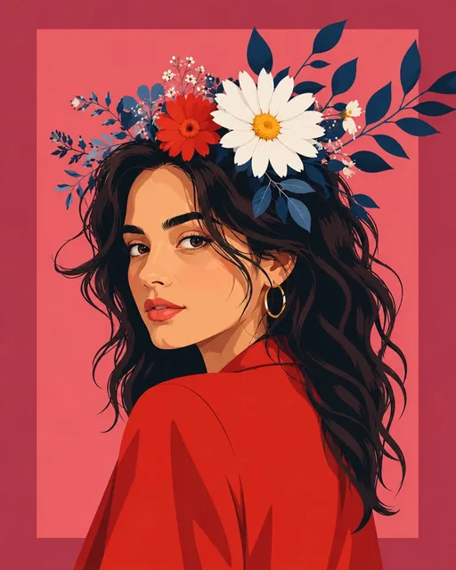 Flat vector illustration of a woman wearing a floral crown and a red blazer, glancing over her shoulder against a layered pink-red background with negative space.
