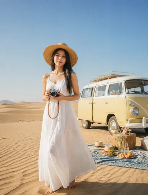 Woman in a white dress and straw hat in a desert with a camper van and picnic.