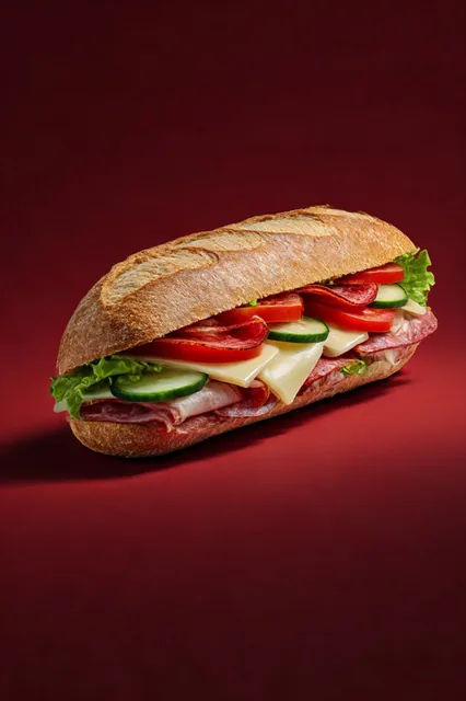 An isometric view of a baguette sandwich with lettuce, tomato, cucumber, salami, and melted cheese, set against a dark red background with studio lighting.