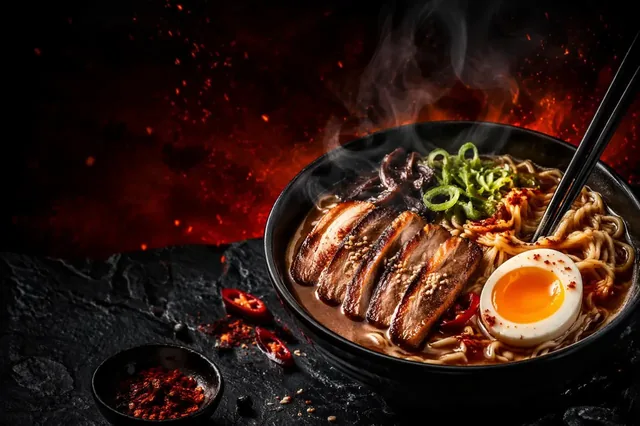 A premium bowl of ramen noodles with steam rising, styled for a luxury food advertisement.