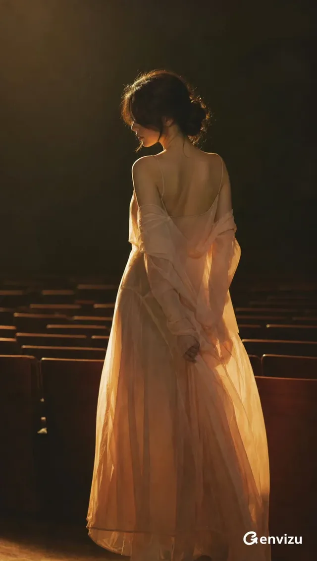 Rear view of a young East Asian woman in a dimly lit vintage theater, wearing a sheer pink gown, looking back over her shoulder as sunset light streams in.