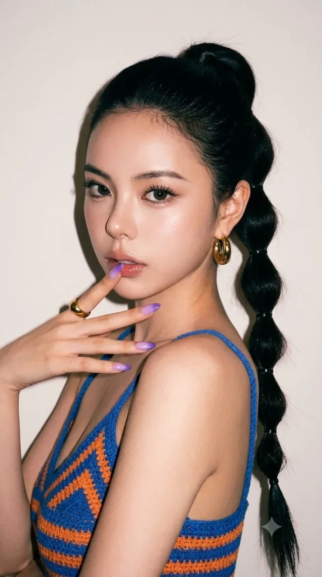 Medium close-up portrait of a woman with a high ponytail, wearing a crochet top, posed with fingers near her lips, captured with strong 2000s digital camera flash.