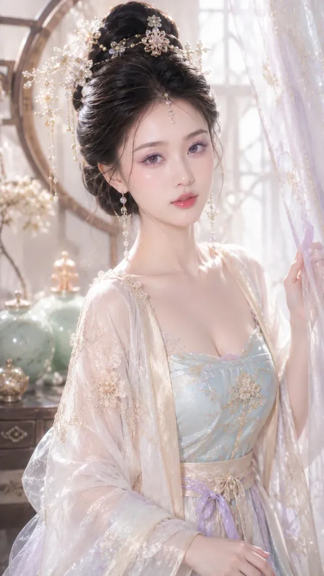 Ancient Chinese beauty with soft, dewy makeup in lilac and rose tones, wearing pearl white and light gold attire, with a gentle side profile and subtle S-curve silhouette.