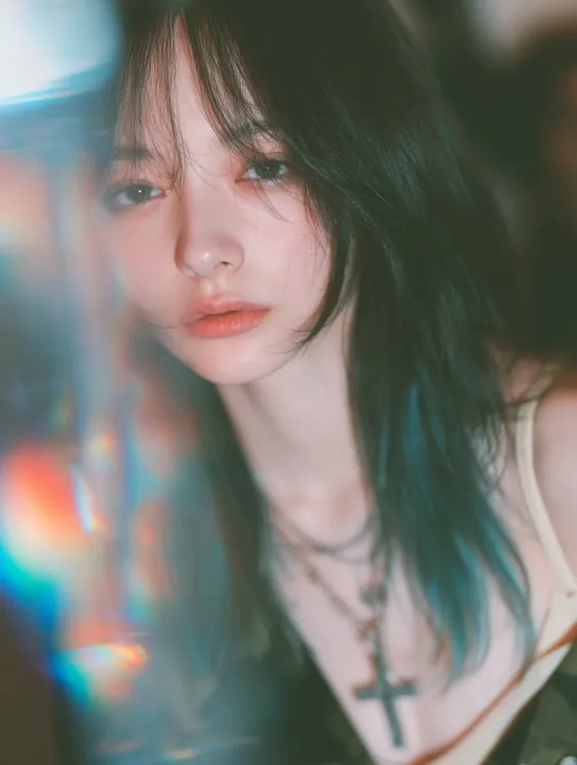 Photorealistic editorial portrait of a seductive young Japanese or Korean woman with forest-green hair, half her face visible against the left frame edge, in a tilted frame within an office pantry, with negative space and glass refraction.