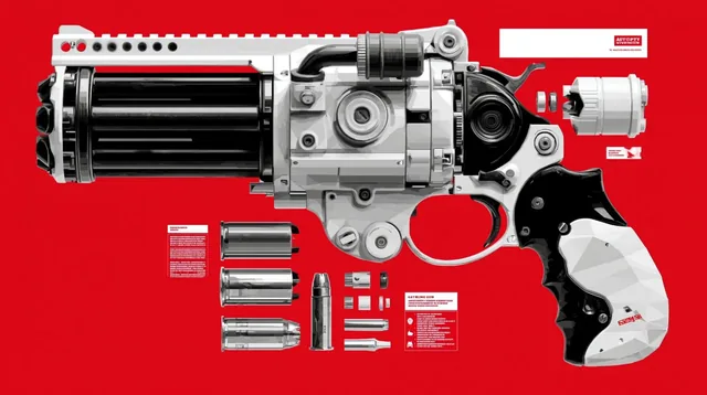 A geometric, low-polygon infographic illustrating the components of a gatling gun with labels.