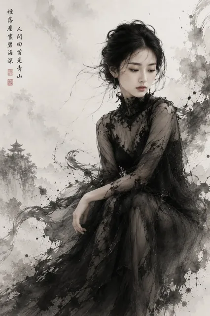 A hyper-realistic woman in a black haute couture gown with ink-like diffusion, in a monochrome studio setting with ink wash background.