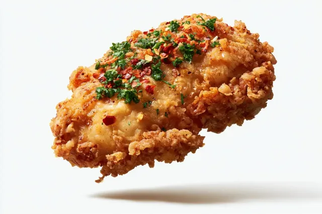 A gourmet dish, perfectly garnished and floating in mid-air against a clean white background, captured with high detail and soft studio lighting.