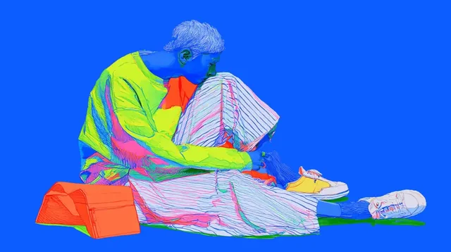 Person tying shoes in a vibrant, psychedelic illustration style.