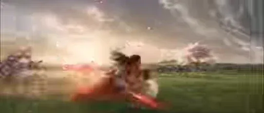 A warrior in red and orange robes, with a wine gourd, wields a sword that transforms into swirling sakura petals, battling a horde of demons amidst a blizzard of pink petals and golden light on a grassy plain.