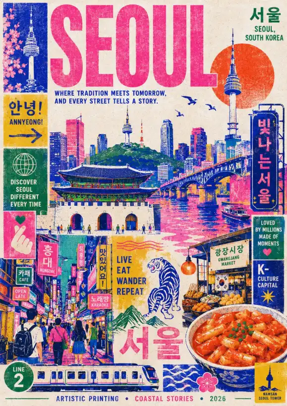 A stylized, colorful travel poster of Istanbul in a risograph print style, showcasing city landmarks and abstract graphic elements with bold typography.