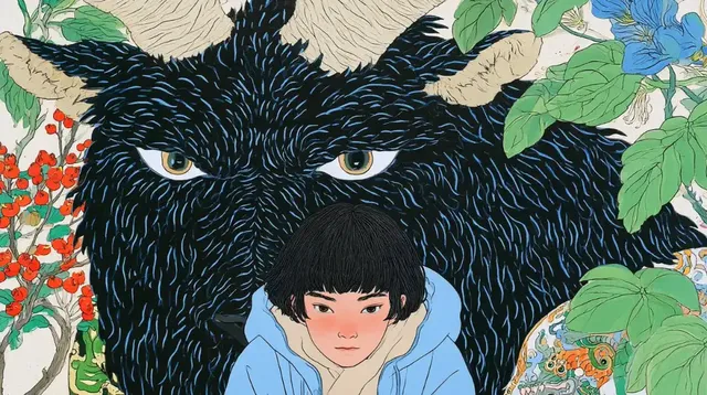 A young person with dark hair and a light blue jacket looks forward, with a large, dark, furry creature with glowing yellow eyes looming behind them, surrounded by stylized red berries, green leaves, and blue flowers in an East Asian illustration style.
