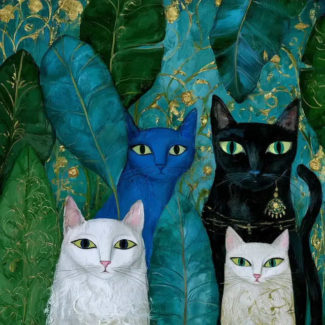 A whimsical painterly folk-art illustration featuring witchy cats in rich teal blue with luminous gold accents.
