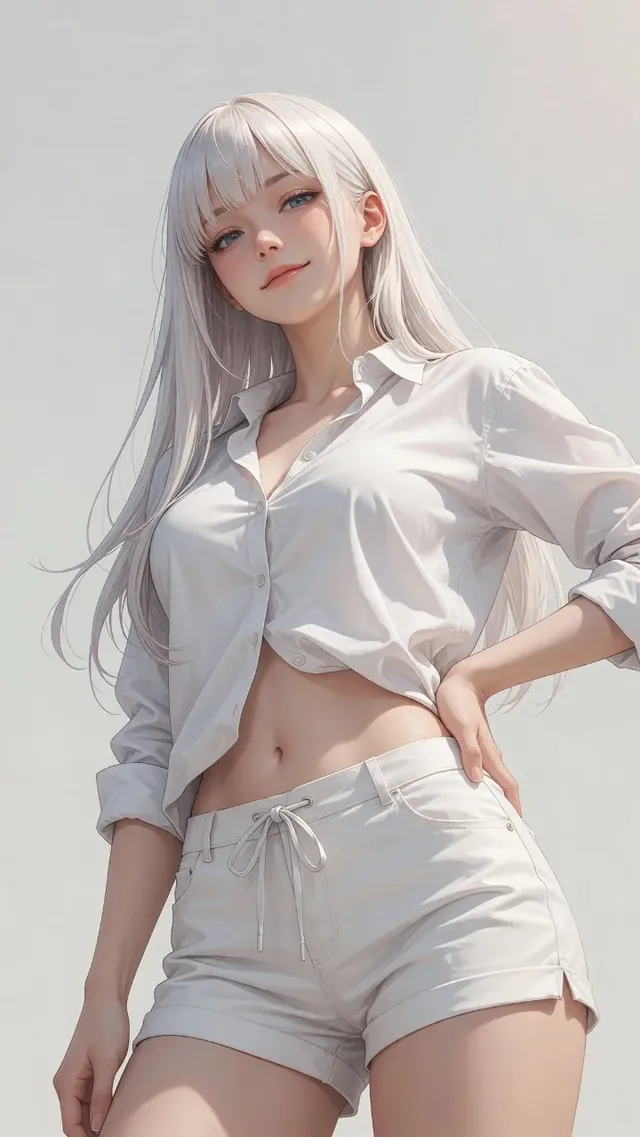 A young woman with long platinum-white hair and blue eyes, wearing an oversized white button-up shirt and high-waisted shorts, poses confidently with one hand on her hip against a clean, light gray background.