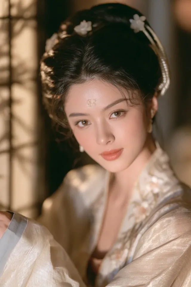 Photorealistic cinematic portrait of a Song Dynasty court lady, with refined features, a white jade hairpin, and wearing a plum blossom embroidered robe, illuminated by soft window light.