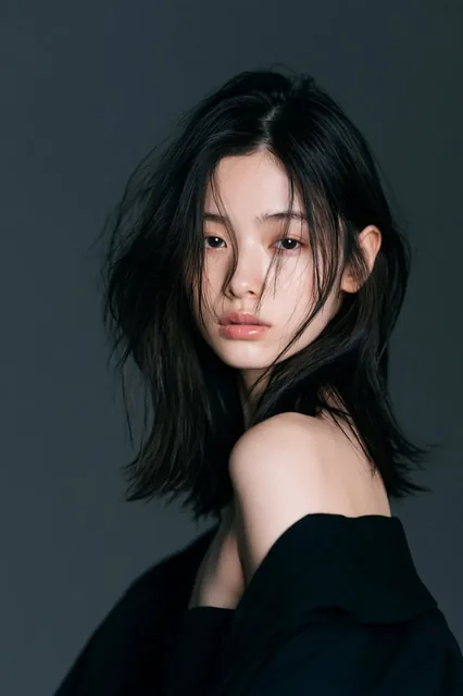 Portrait of a girl against a dark, smooth gradient background with subtle shadows and elegant black accents, captured with professional studio lighting and sharp detail.