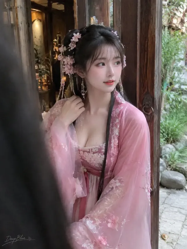 Candid iPhone photo of a beautiful woman in ancient Chinese attire standing at the entrance of a traditional shop, natural pose and expression.