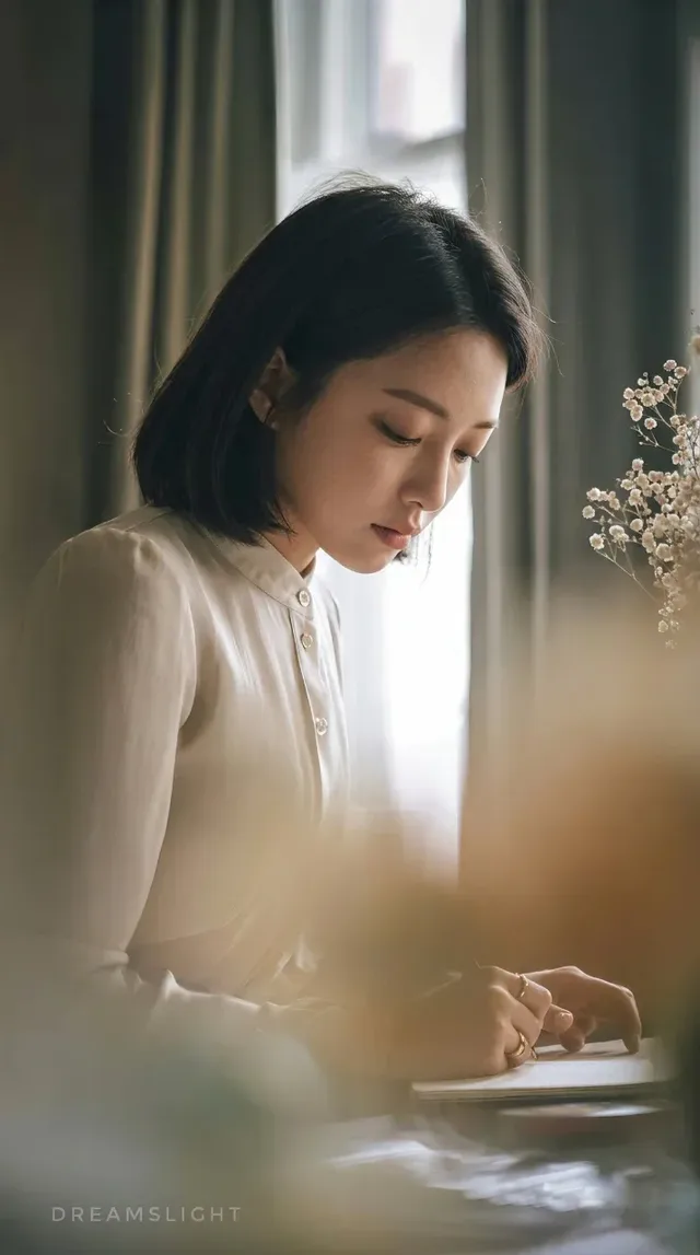 A realistic vertical waist-up environmental portrait of a woman wearing an ivory blouse, seated beside a bright window. Her right hand is visible near the lower edge. The image has a muted warm color-negative-film finish with fine grain and shallow depth of field.