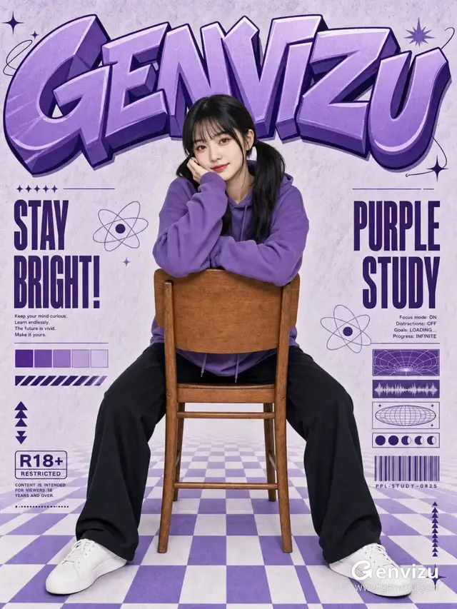 A young East Asian woman with black hair, wearing a purple hoodie and black pants, sits backwards on a warm brown wooden chair. She faces the camera with a slight smile, her arm resting on the chair back. The background is a lavender paper texture with a purple checkered floor and large purple 3D graffiti text 'GENVIZU'.