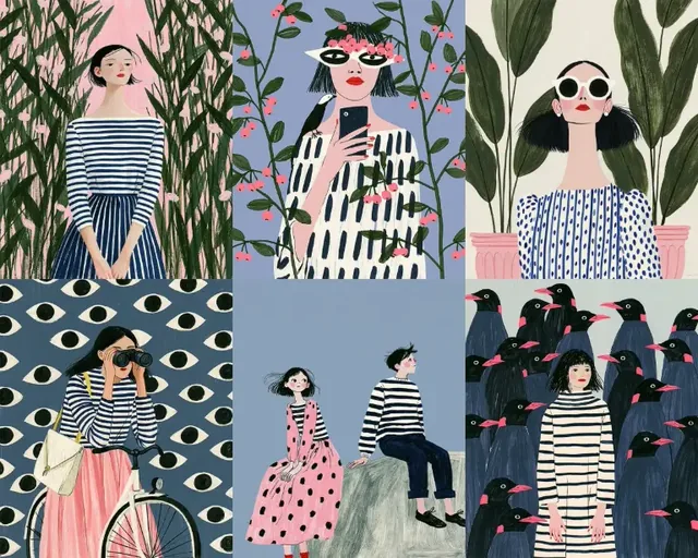 Collage of whimsical flat illustrations featuring women, plants, and animals.