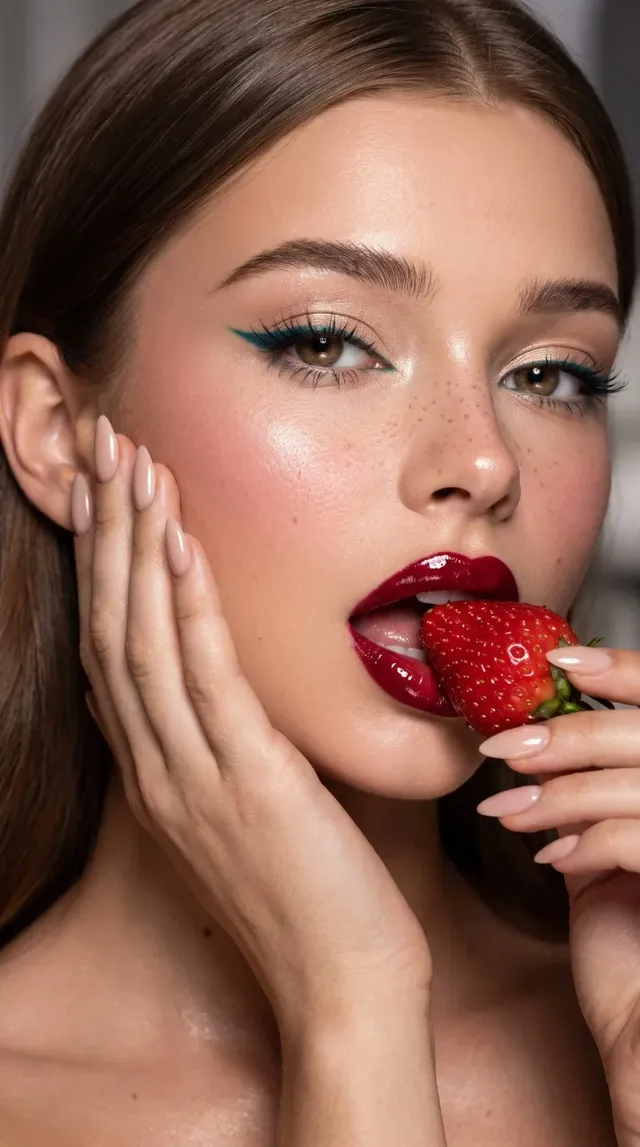 Close-up beauty portrait of a woman with flawless skin, dramatic teal winged eyeliner, glossy cherry-red lips, and a fresh strawberry held near her mouth. Studio lighting emphasizes dewy highlights and realistic textures.
