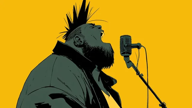 Punk rock singer with a mohawk and beard singing into a vintage microphone.