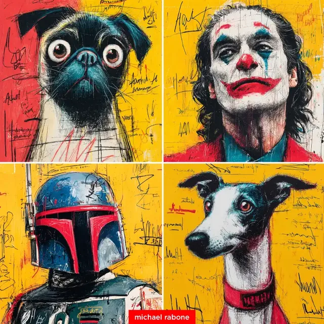 Collage of four pop art portraits: a pug, the Joker, Boba Fett, and a greyhound, with textured backgrounds and scribbled text.