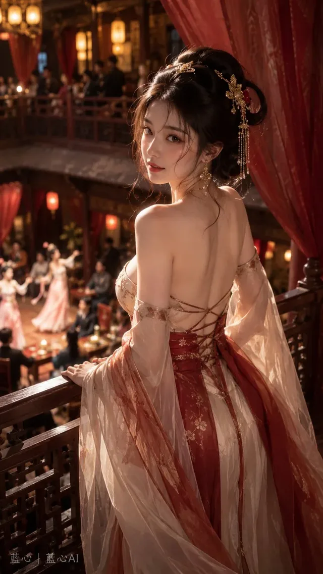 A beautiful East Asian woman in traditional Chinese courtesan attire, with intricate hairstyle and jewelry, leans on a carved railing and turns her head to look back with a gentle smile. The image has a realistic, high-definition phone photography style with soft lighting and a shallow depth of field.