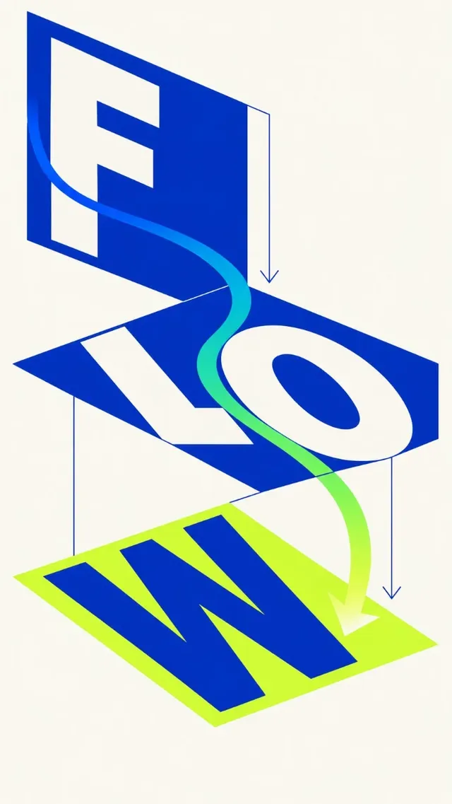 Four vertical conceptual typography posters featuring the words FLOW, BOUNDARY, ECHO, and ORBIT in sharp vector graphic styles.