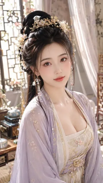 Close-up portrait of a young, elegant Chinese noblewoman with dewy, rosy makeup, wearing traditional clothing and hair ornaments, in a softly lit boudoir.