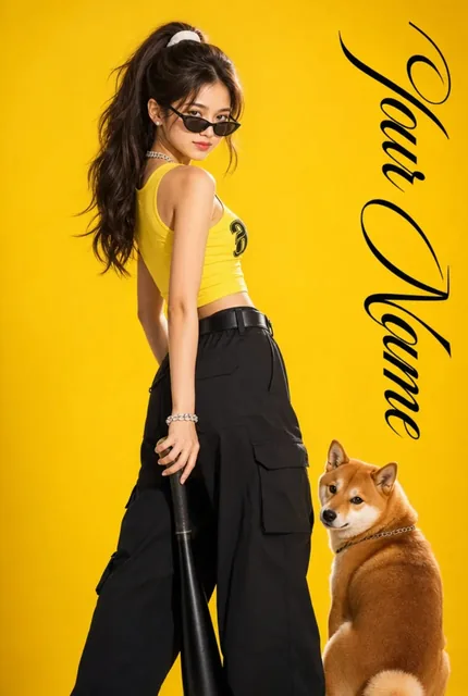 Medium-close shot of a sweet and cool East Asian girl with a red Shiba Inu, wearing Y2K fashion, posing against a lemon-yellow backdrop.