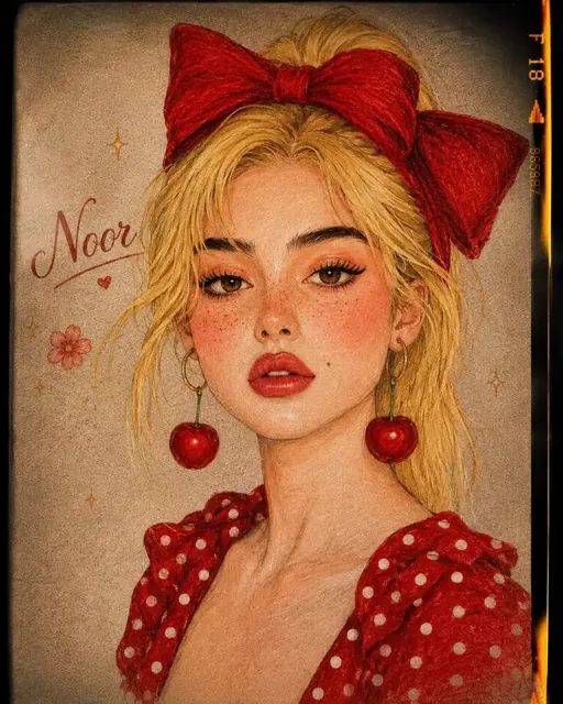 Detailed colored-pencil illustration of a blonde girl with freckles, wearing a red and white polka dot dress, large cherry earrings, and a red bow, in a vintage film frame with sub