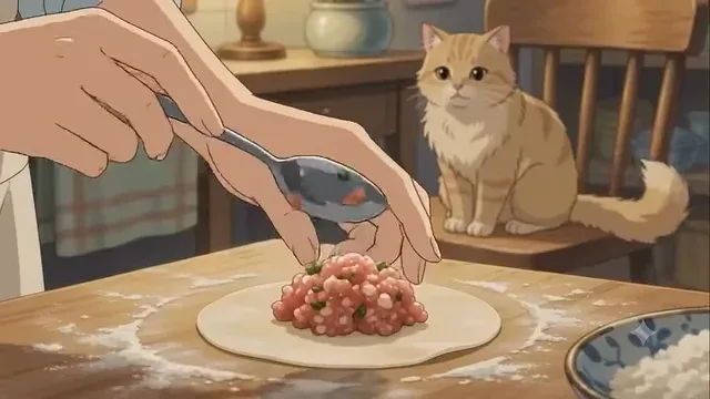 A Studio Ghibli-inspired animation scene showing hands preparing and steaming dumplings in a warm kitchen, with a fluffy orange cat watching and sleeping in the background.