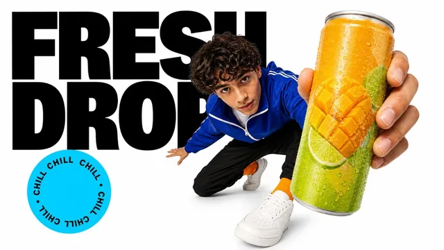 Product photography demonstrating forced perspective with oversized props on a white background.