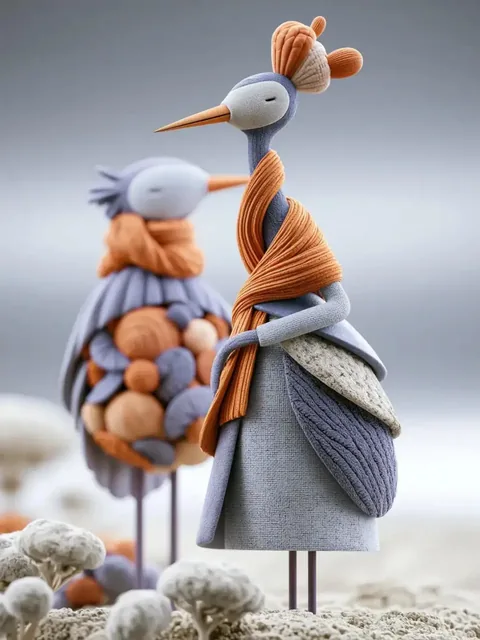 A whimsical handcrafted textile sculpture made of knitted fabrics, woven fibers, felt, and yarn, showcasing intricate textures and a minimalist design with soft pastel colors.