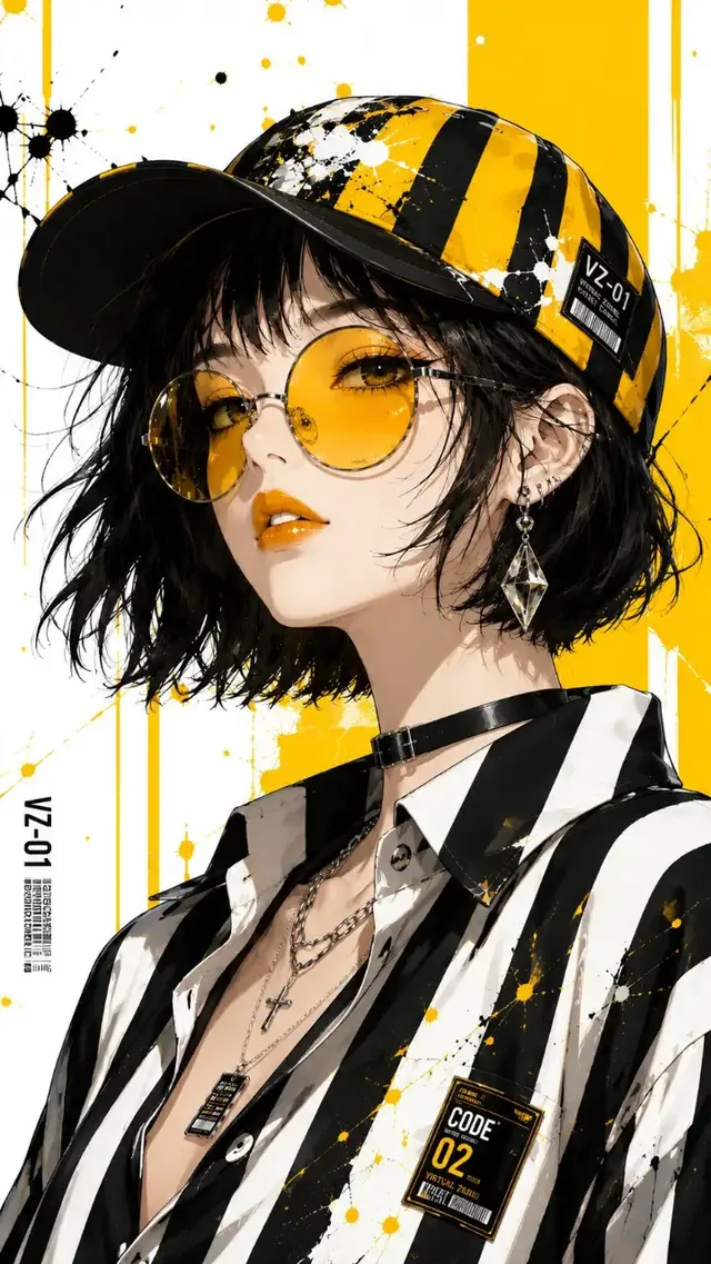 Ultra-detailed anime fashion portrait of a stylish young woman with a black bob, yellow sunglasses, and bold black-and-white stripes, set against a white background with yellow geometric accents.